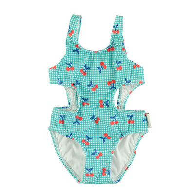 trikini/turquoise & white checkered w/ cherries