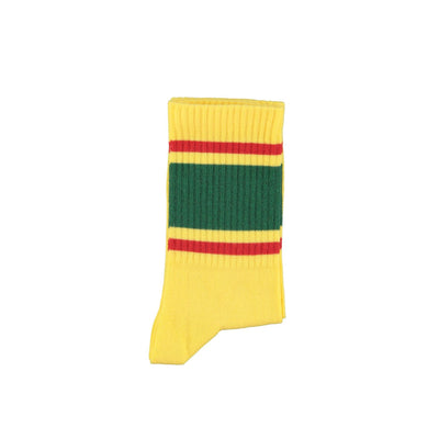 socks / yellow w/ green & red stripes