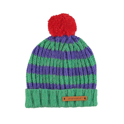 Piupiuchick knitted hat w/ pompon green & purple stripes