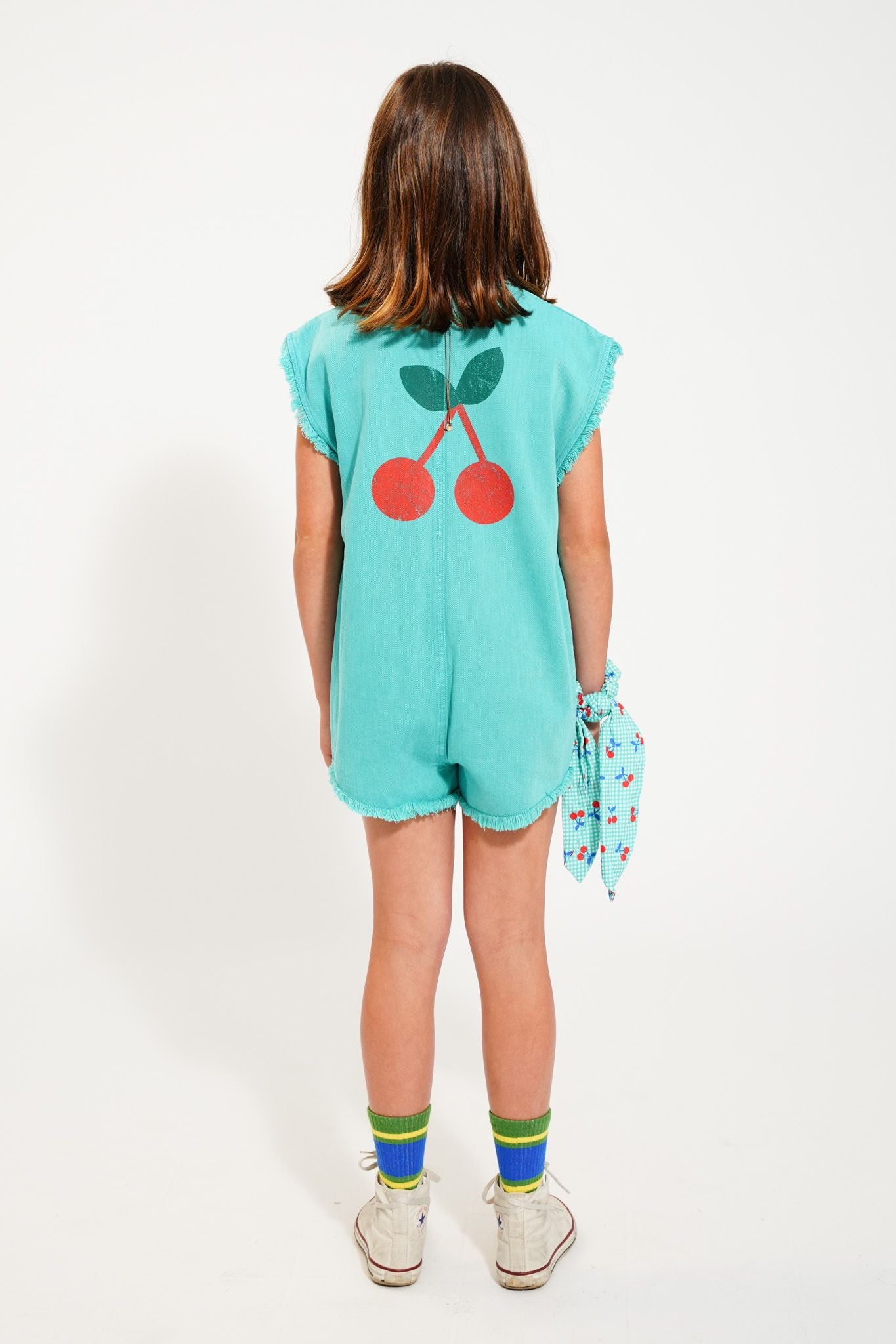 short sleeveless jumpsuit | turquoise w/ cherry print