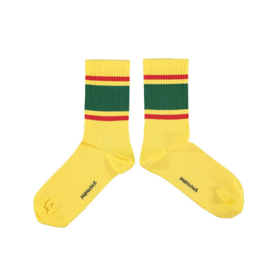 socks / yellow w/ green & red stripes