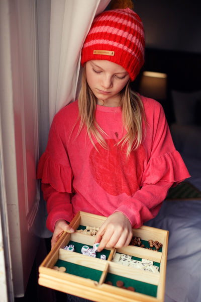 Piupiuchick knitted hat w/ pompon red & pink stripes