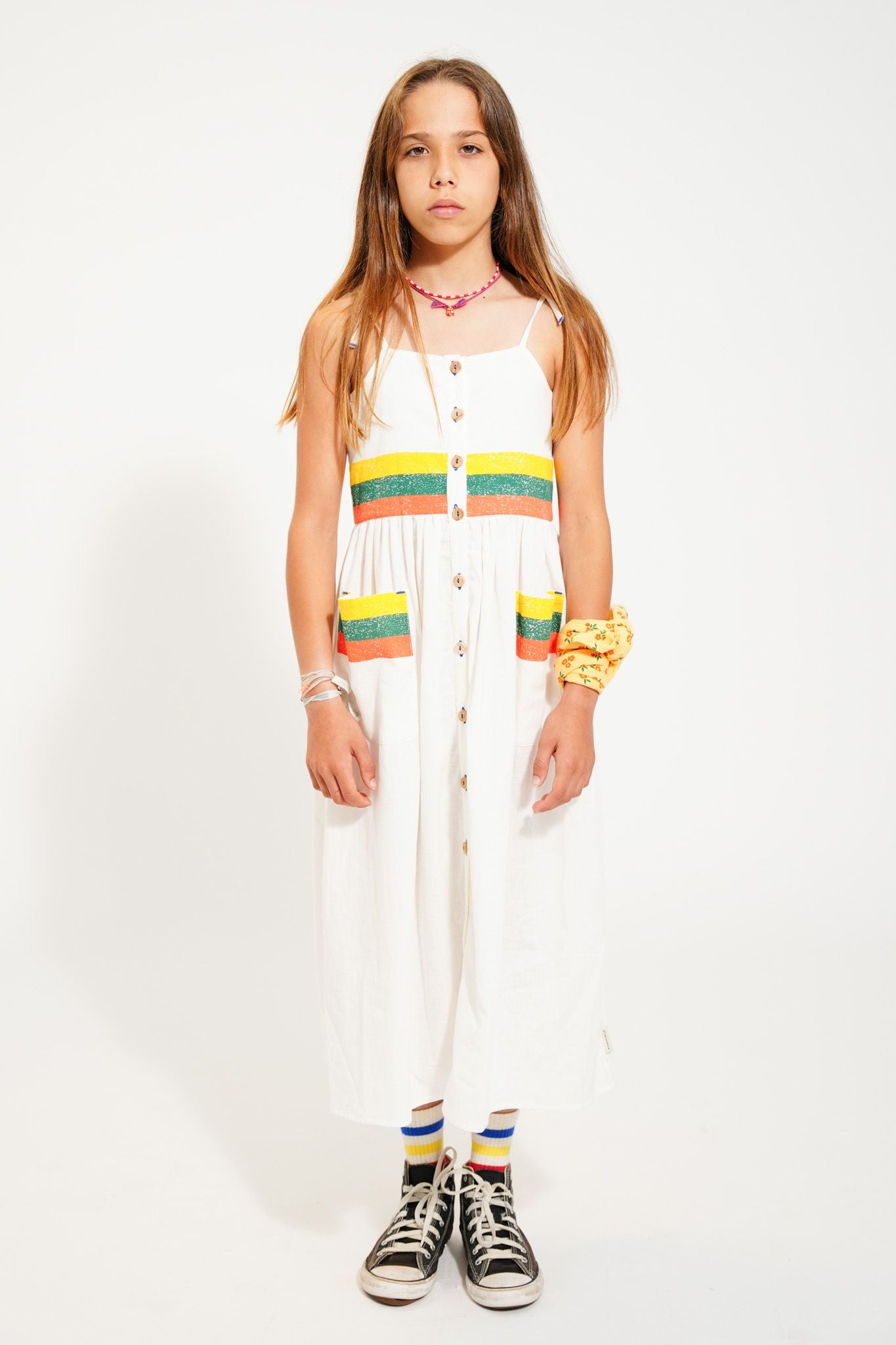 long dress | ecru w/ multicolor stripes print