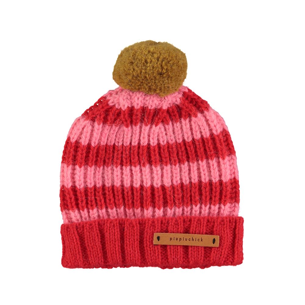 Piupiuchick knitted hat w/ pompon red & pink stripes