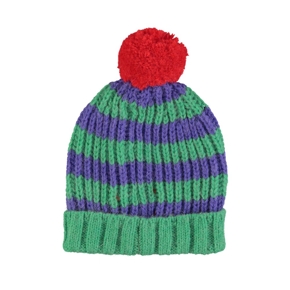 Piupiuchick knitted hat w/ pompon green & purple stripes