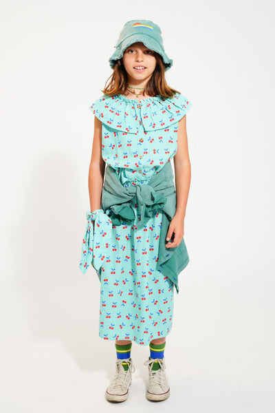 long skirt | turquoise & white checkered w/ cherries