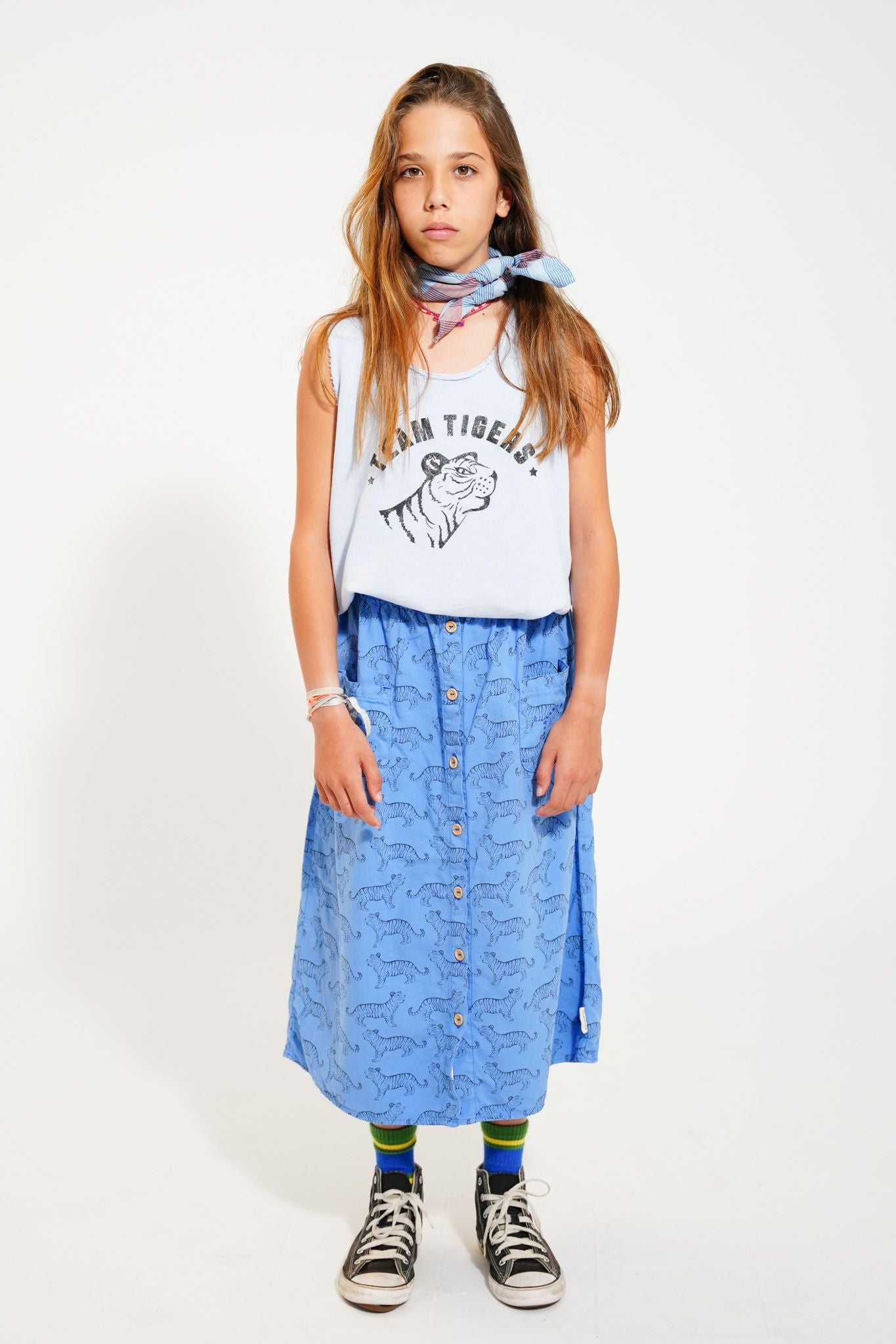 long skirt w/ front pockets | blue w/ black tigers